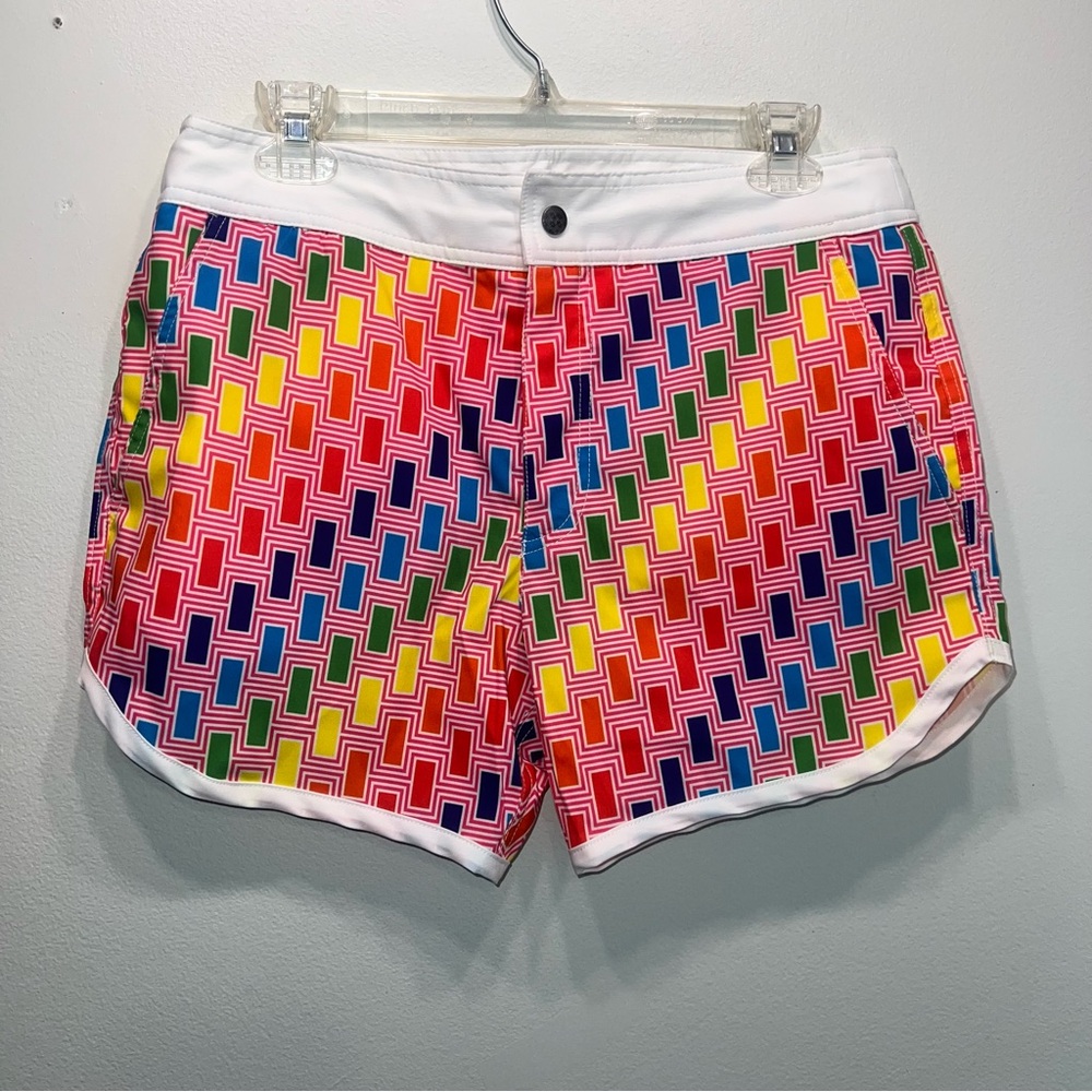 MR TURK Art Deco Retro Multicolor Swim Trunks Board Shorts Sz 30 Lined Designer